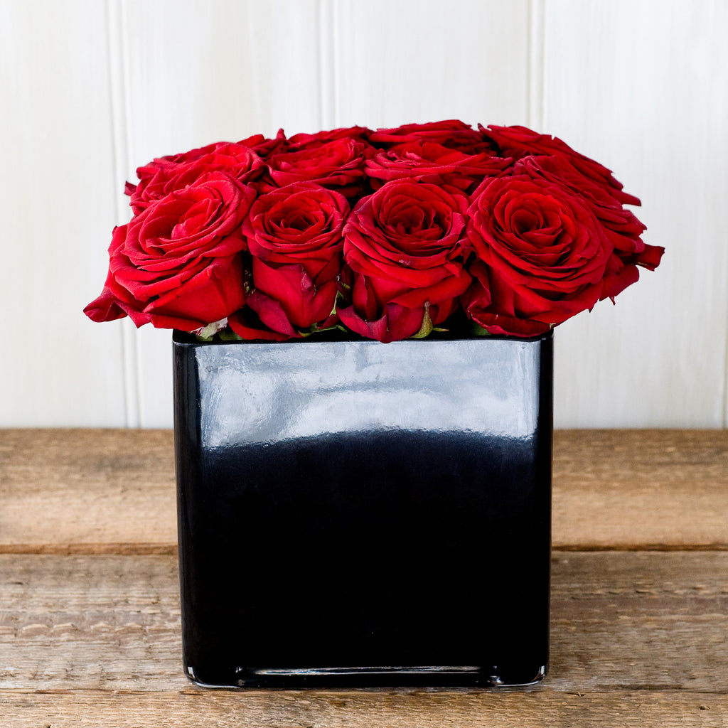 Image of Grand Prix red roses in a black cube vase -Sherree Francis Flowers 