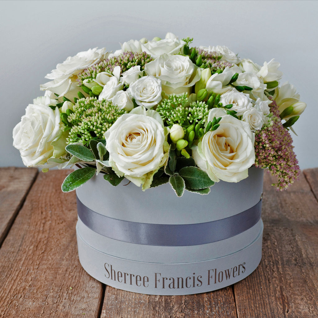 All White Flower Hat Box - Sherree Francis Flowers