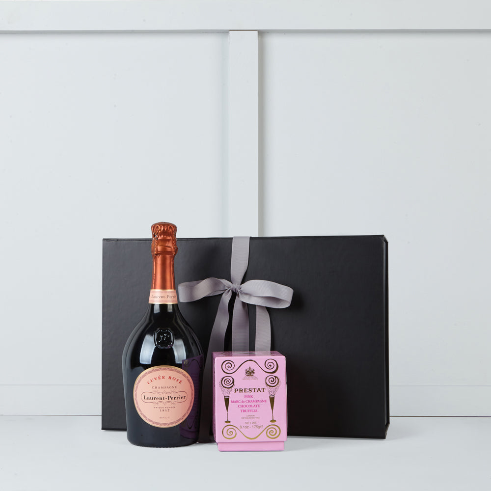 Image of bottle of Laurent Perrier rose champagne & pink Marce de Champagne truffles